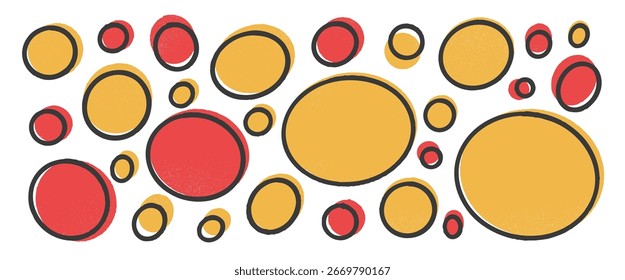 Runde und ovale Formen Buntstift mit schwarzem Strich gesetzt. Kinder rot und gelb Kreide Elemente. Kindergarten Spaß Polka Punkte Muster. Handgefertigte Vektorellipse, Kollektion runder Elemente auf weißem Hintergrund.