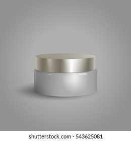 Round packaging of cream, vector object.Round white glossy plastic jar with black lid for cosmetics - body cream, butter, scrub, bath salt, gel, skin care, powder. Realistic packaging mockup template.