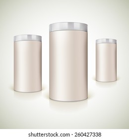 Round packaging with metal cover for the presentation of the product. Vector mock-up for your design.