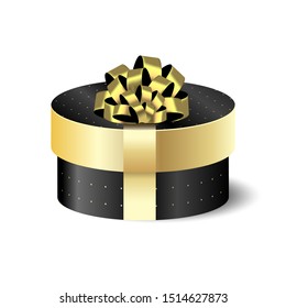 Round packing box 3D black with gold. Vector isolated object. Present for christmas and new year. Golden bow