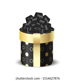 Round packing box 3D black with gold. Vector isolated object. Present for christmas and new year. Black bow