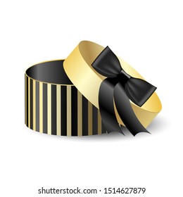 Round packing box 3D black with gold. Vector isolated object. Present for christmas and new year. Black bow