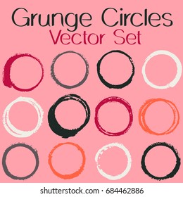 Round paint brush, circle stroke vector collection. Pink, blue and brown hand drawn round paintbrushes set. Cup stain circle strokes, graphic design logo elements.