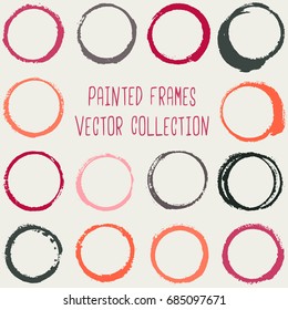 Round paint brush, circle stroke vector collection. Cup stain circle strokes, graphic design logo elements. Oval frame, border.