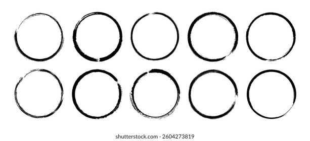 Round paint brush stroke set. Black grunge round stain collection. Ink or charcoal circular frame bundle for logo, label, poster, banner. Rough ring stamp mark pack. Vector encircle design elements