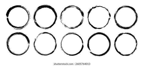 Round paint brush stroke set. Black grunge round stain collection. Ink and charcoal circular frame bundle for logo, label, poster, banner. Vector encircle design elements. Rough ring stamp mark pack