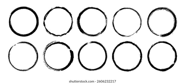 Round paint brush stroke set. Black grunge round stain collection. Ink and charcoal circular frame bundle for logo, label, poster, banner. Rough ring stamp mark pack. Vector encircle design elements