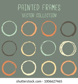 Round paint brush stroke vector set, colorful circle frame or border collection. Oval, circular logo elements. Hand drawn stains, brushstrokes, splashes, circle watercolor lines, splats borders.