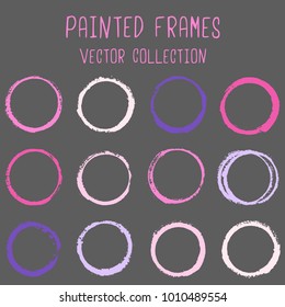 Round paint brush stroke vector set, colorful circle frame or border collection. Oval, circular logo elements. Hand drawn stains, brushstrokes, splashes, circle watercolor lines, splats borders.