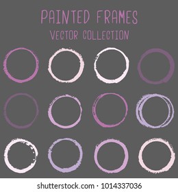 Round paint brush stroke vector set, colorful circle frame or border collection. Oval, circular logo elements. Hand drawn stains, brushstrokes, splashes, circle watercolor lines, splats borders.