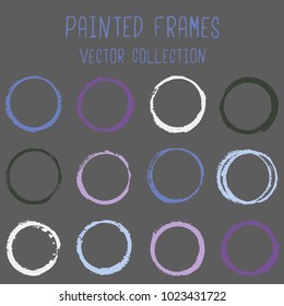 Round paint brush stroke vector set, colorful circle frame or border collection. Oval, circular logo elements. Hand drawn stains, brushstrokes, splashes, circle watercolor lines, splats borders.