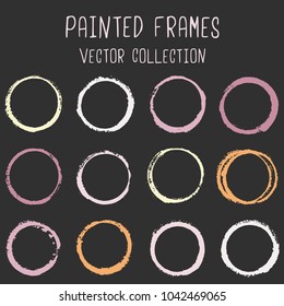 Round paint brush stroke vector set, colorful circle frame or border collection. Oval, circular logo elements. Hand drawn stains, brushstrokes, splashes, circle watercolor lines, splats borders.