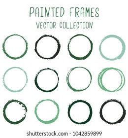 Round paint brush stroke vector set, colorful circle frame or border collection. Oval, circular logo elements. Hand drawn stains, brushstrokes, splashes, circle watercolor lines, splats borders.