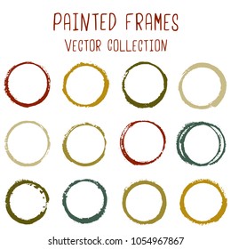Round paint brush stroke vector set, colorful circle frame or border collection. Oval, circular logo elements. Hand drawn stains, brushstrokes, splashes, circle watercolor lines, splats borders.