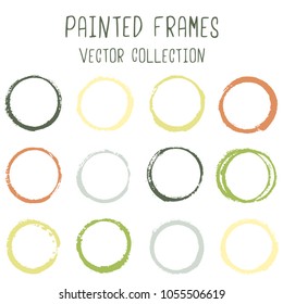 Round paint brush stroke vector set, colorful circle frame or border collection. Oval, circular logo elements. Hand drawn stains, brushstrokes, splashes, circle watercolor lines, splats borders.