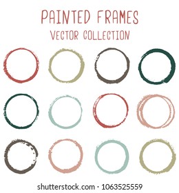 Round paint brush stroke vector set, colorful circle frame or border collection. Oval, circular logo elements. Hand drawn stains, brushstrokes, splashes, circle watercolor lines, splats borders.