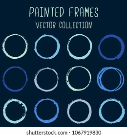 Round paint brush stroke vector set, colorful circle frame or border collection. Oval, circular logo elements. Hand drawn stains, brushstrokes, splashes, circle watercolor lines, splats borders.