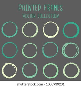 Round paint brush stroke vector set, colorful circle frame or border collection. Oval, circular logo elements. Hand drawn stains, brushstrokes, splashes, circle watercolor lines, splats borders.