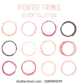 Round paint brush stroke vector set, colorful circle frame or border collection. circular logo elements. Hand drawn stains, brushstrokes, splashes, circle watercolor lines, splats borders.