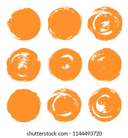 Round Paint Brush Stroke Vector Set. Orange Circle Frame Painted. Abstract Vector Design Element. Grunge Hand Drawn Circles