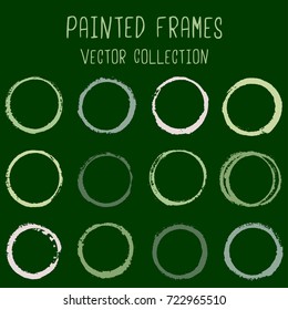 Round Paint Brush Stroke Vector Set, Colorful Circle Frame Or Border Collection. Oval, Circular Logo Elements. Hand Drawn Stains, Brushstrokes, Splashes, Circle Watercolor Lines, Splats Borders.