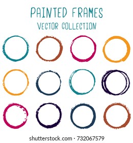 Round paint brush stroke vector set, colorful circle frame or border collection. Oval, circular logo elements. Hand drawn stains, brushstrokes, splashes, circle watercolor lines, splats borders.