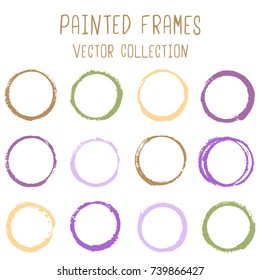 Round paint brush stroke vector set, colorful circle frame or border collection. Oval, circular logo elements. Hand drawn stains, brushstrokes, splashes, circle watercolor lines, splats borders.