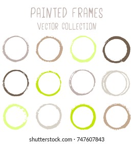Round paint brush stroke vector set, colorful circle frame or border collection. Oval, circular logo elements. Hand drawn stains, brushstrokes, splashes, circle watercolor lines, splats borders.