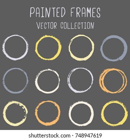 Round paint brush stroke vector set, colorful circle frame or border collection. Oval, circular logo elements. Hand drawn stains, brushstrokes, splashes, circle watercolor lines, splats borders.