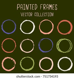 Round paint brush stroke vector set, colorful circle frame or border collection. Oval, circular logo elements. Hand drawn stains, brushstrokes, splashes, circle watercolor lines, splats borders.