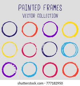 Round paint brush stroke vector set, colorful circle frame or border collection. Oval, circular logo elements. Hand drawn stains, brushstrokes, splashes, circle watercolor lines, splats borders.