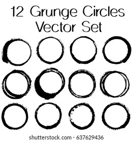 Round paint brush strokes, 12  circles vector collection. Black hand drawn round paintbrushes set on white background. Coffee cup stain circle strokes, graphic design logo elements. Oval frame, border