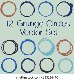 Round paint brush strokes, colorful circle frame or border vector collection. Oval, circular logo elements. Hand drawn blue and brown stains, brushstrokes. Grunge circle paintstrokes.