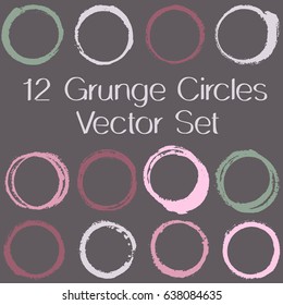 Round paint brush strokes, colorful circle frame or border vector collection. Oval, circular logo elements. Hand drawn cup stains, ink brushstrokes. Green, pink, cherry and white paint splashes.