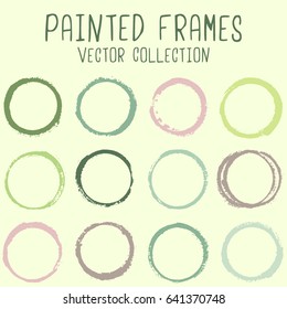 Round paint brush strokes, colorful circle frame or border vector collection. Oval, circular logo elements - green, pink and brown. Hand drawn grunge stains, brushstrokes.