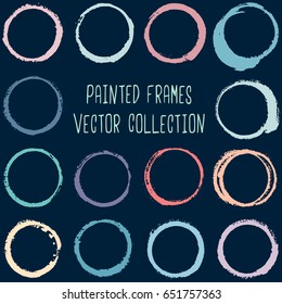 Round paint brush strokes, colorful circle frame or border vector collection. Oval, circular logo elements. Hand drawn stains, brushstrokes, splashes, circle watercolor lines, splats.