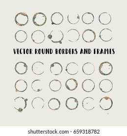 Round paint brush strokes, colorful circle frame or border vector collection. Hand drawn coffee or tea cup stains, brown brushstrokes set, splashes, watercolor lines. Boho retro vintage logo frames.