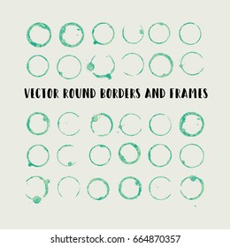 Round paint brush strokes, colorful circle frame or border vector collection. Hand drawn coffee or tea cup stains, green brushstrokes set, splashes, watercolor lines. Boho retro vintage logo frames.