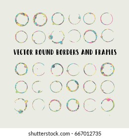 Round paint brush strokes, colorful circle frame or border vector collection. Hand drawn coffee or tea cup stains, pink, yellow, blue set, splashes, watercolor lines. Boho retro vintage logo frames.
