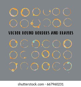 Round paint brush strokes, colorful circle frame or border vector collection. Hand drawn coffee or tea cup stains, orange brushstrokes set, splashes, watercolor lines. Boho retro vintage logo frames.
