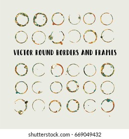 Round paint brush strokes, colorful circle frame or border vector collection. Hand drawn coffee or tea cup stains, brown brushstrokes set, splashes, watercolor lines. Boho retro vintage logo frames.