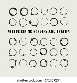 Round paint brush strokes, grey scale circle frame or border vector collection. Hand drawn cup stains, black and white brushstrokes set, splashes, watercolor lines. Boho retro vintage logo frames.