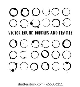 Round paint brush strokes, greyscale circle frame or border vector collection. Hand drawn coffee or tea cup stains, purple brushstrokes set, splashes, watercolor lines. Boho retro vintage logo frames.
