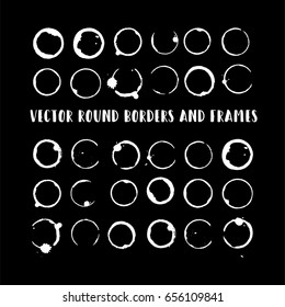 Round paint brush strokes, greyscale circle frame or border vector collection. Hand drawn coffee or tea cup stains, white brushstrokes set, splashes, watercolor lines. Boho retro vintage logo frames.