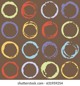 Round paint brush strokes seamless pattern vector illustration. Colorful painted circles graphic design. Red, blue, yellow and light green rings on brown.