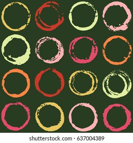 Round paint brush strokes seamless pattern vector illustration. Colorful yellow and red painted circles graphic design. Dark green background, summer colors palette with pink and orange. 