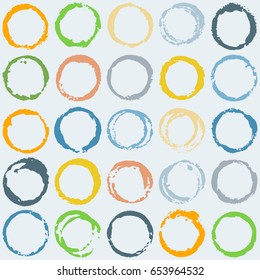 Round paint brush strokes seamless pattern vector illustration. Colorful painted circles graphic design. Green, orange, pink, yellow, blue, grey on light background.