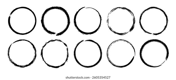 Round paint brush strokes set. Black grunge round stains collection. Ink or charcoal circular frames bundle for logo, label, poster, banner. Rough ring stamp mark pack. Vector encircle design elements