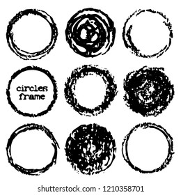 Round painted frame border set of circular brush strokes, stamps. Hand painted circle blot, ring frame collection with ink stamp texture. Grunge vector. 