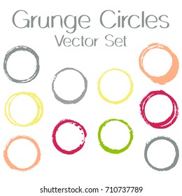 Round painted frame border set of circular brush strokes, stamps. Hand painted circle border, ring frame collection with ink stamp texture, grunge watercolor graphic design isolated vector elements.